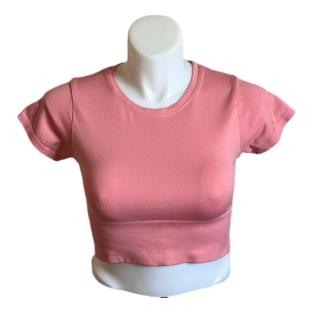 OFFLINE by Aerie Womens Seamless Ribbed Crop Topโ Short Sleeve Coral Pink Large